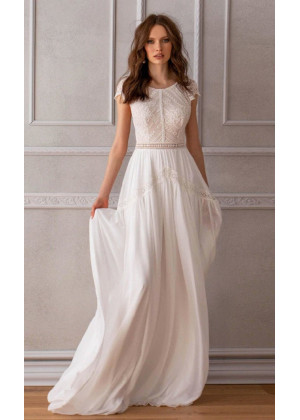 Cap Sleeve Ivory Lace Chiffon Boho Wedding Dress